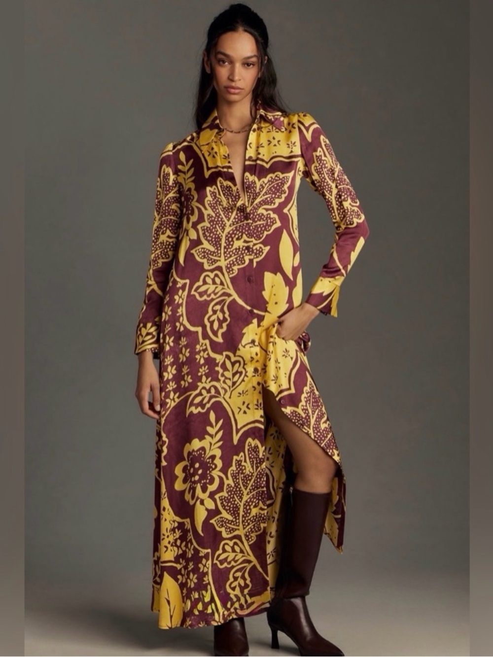 Corey Lynn Calter Yellow and Burgundy Printed Maxi Shirt Dress